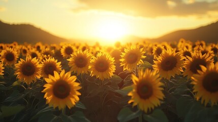 Fototapeta premium Sunflowers arranged in a circle, their faces turned towards the rising sun, soft morning light cascading over the landscape, warm yellow and orange tones
