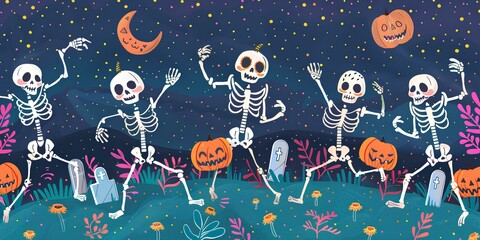Fun Halloween Design with Dancing Skeletons Pumpkins and Gravestones Under a Starry Night Sky with a Cheerful Haunted Vibe in a Bright