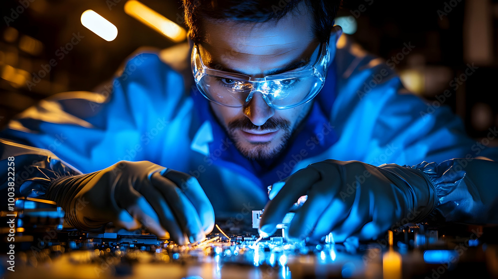 Poster technician working on circuit board with precision and focus