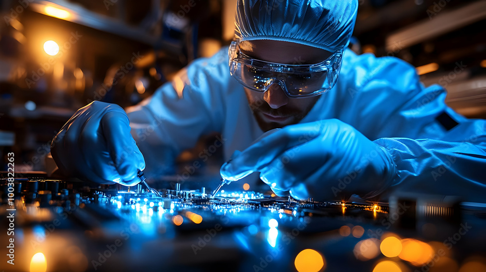 Poster electronics technician works on a circuit board with precision