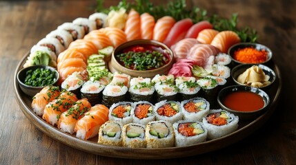 Sushi platter in a circular arrangement, assorted sushi rolls and sashimi, dipping sauces in small bowls evenly spaced around, accented with fresh herbs