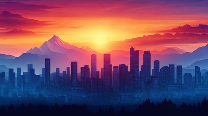 Fototapeta premium Silhouette of tall buildings and a distant mountain range