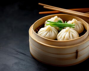 Delicious steamed dumplings in a bamboo steamer with chopsticks, showcasing Asian cuisine.