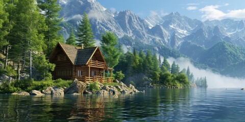 Fototapeta premium Lakeside Serenity: Log Cabin Retreat in the Heart of Nature