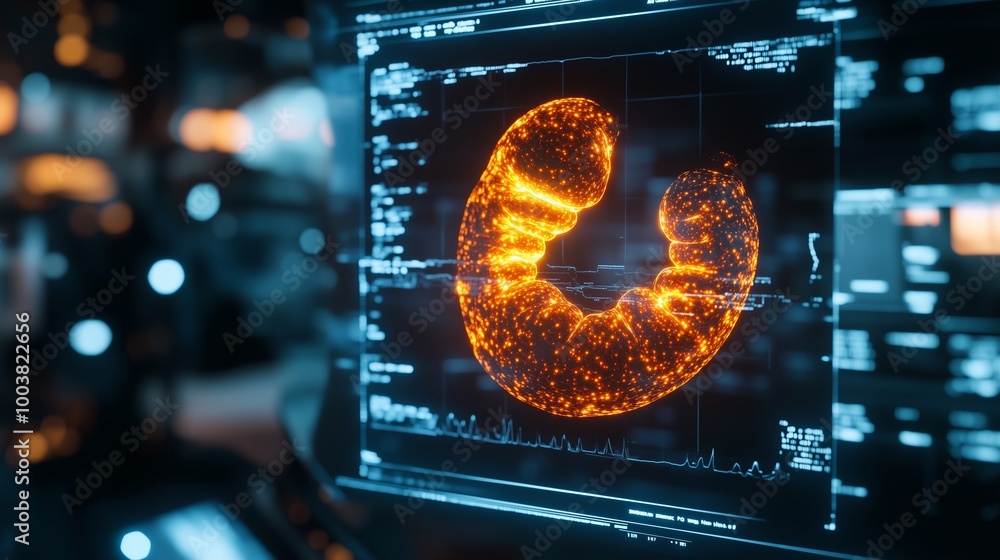 Poster animated visual representation of molecular structure displayed on screens in a modern laboratory du