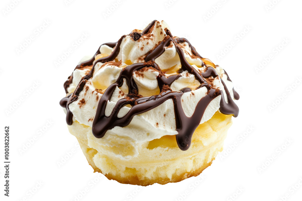 Poster delicious banana dessert topped with whipped cream and chocolate drizzle ,isolated on transparent ba