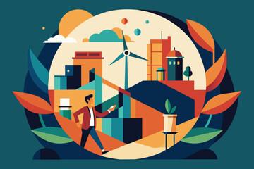 A man walking in a city with a wind turbine in the background