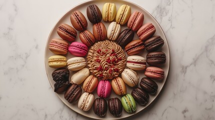 Top-down view of a circular platter with neatly arranged colorful macaroons, intricate designs on each, set on a clean white dessert dish