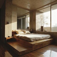 Luxurious Bedroom Interior with Platform Bed, Minimalist Dresser, and Wall-Mounted Shelf for Extra Storage