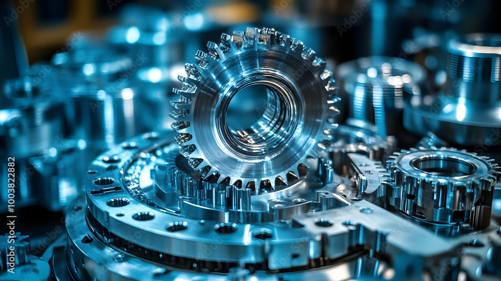 Poster close-up of shiny metal gears interlocking in a machine