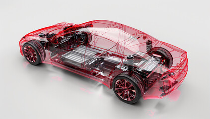 A detailed image of the internal structure of an electric vehicle, showing batteries and other components inside its transparent shell