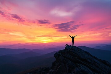 Obraz premium Silhouette of Person on Mountain Peak at Sunset