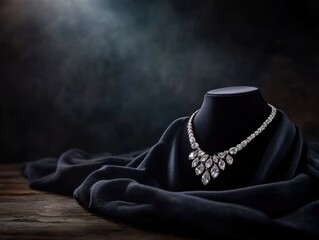 Elegant diamond necklace displayed on a black velvet bust, captivating under soft lighting.
