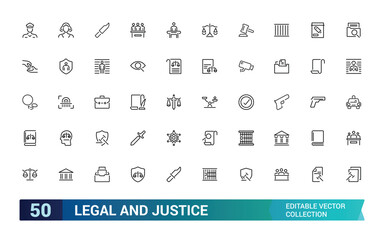 Legal And Justice web icons collection. Law icon for web and ui, legal documents, judgement, prison and more, Editable stroke. Vector illustration.