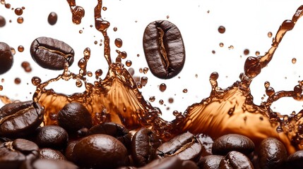 Roasted coffee beans dance and swirl in a splash of rich, dark coffee. The velvety liquid captures the essence of freshly ground beans, creating an aromatic and invigorating experience