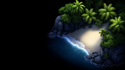 Secluded Beach Oasis: A serene and mysterious tropical beach, bathed in the soft glow of moonlight, invites you to escape to a world of tranquility and adventure.  