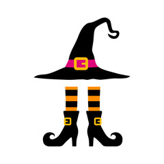 Logo con sombrero de bruja con piernas con botas y medias para tarjetas y felicitaciones de Halloween © teracreonte