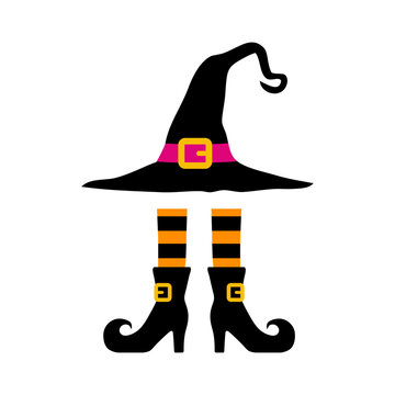 Logo con sombrero de bruja con piernas con botas y medias para tarjetas y felicitaciones de Halloween
