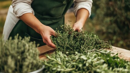 Hands preparing fresh herbs on a wooden table in a garden environment.