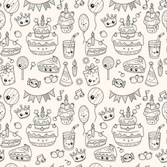 Seamless festive pattern. Holiday cute cartoon kawaii character. Birthday cake, cupcake, pastry, gift and lemonade with balloon, garland on white background. Line outline drawing. Vector illustration