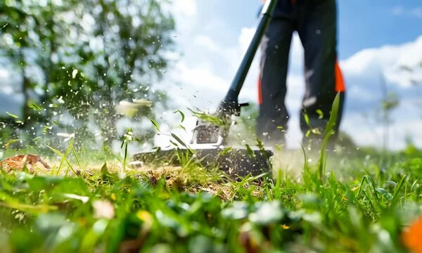 The person cuts the green grass with a trimmer. Patches of grass fly apart in slow motion. A manual lawn mower.