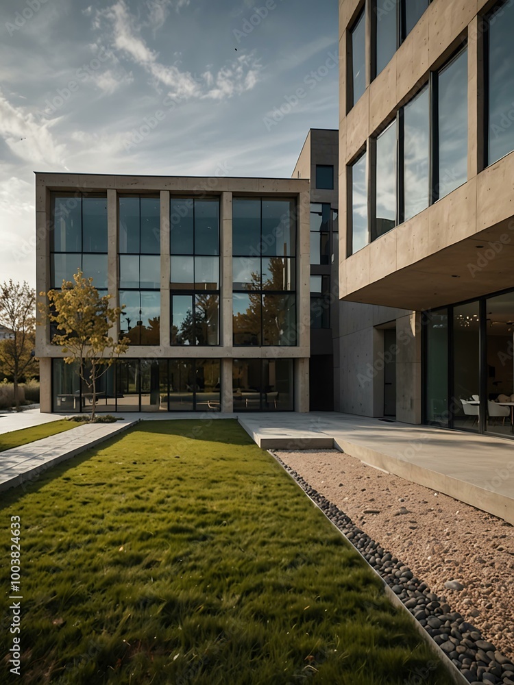 Poster contemporary buildings with large windows, designed with neutral colors and open spaces.