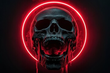 Dark skull illuminated by a glowing red neon halo. Perfect for themes related to sci-fi, gothic art, and digital dystopia.