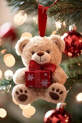  A  bear ornament dangles from the Christmas tree, adorned with a red ribbon Hanging beside it is a snowflake ornament
