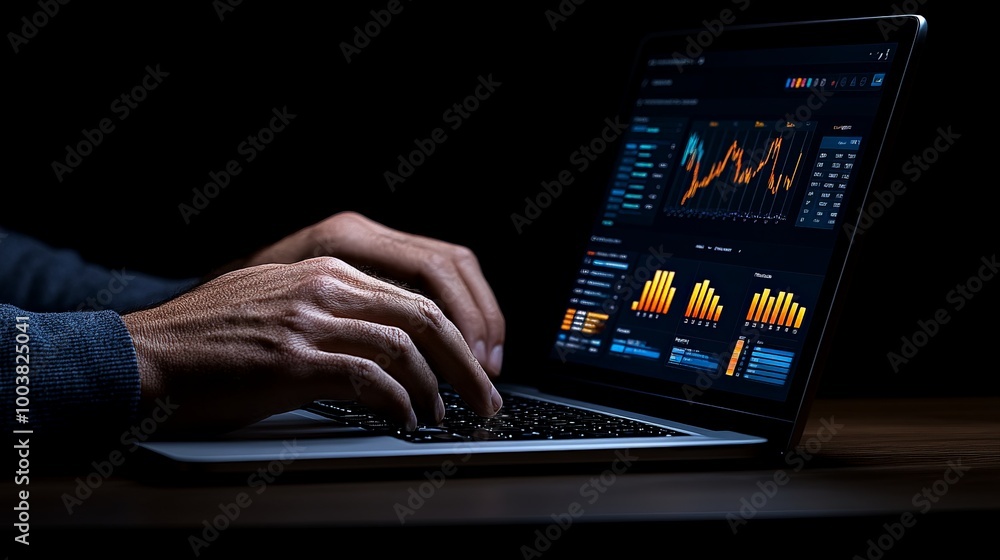 Poster late night data analysis: hands typing on a laptop screen with data visualizations and charts, in a 