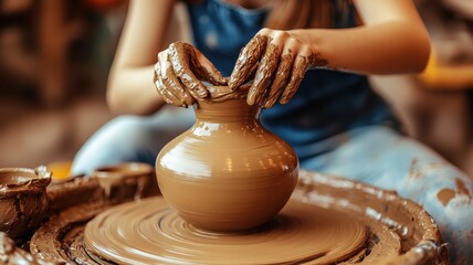 Hands shaping clay into a pot on a pottery wheel, with focus on creativity and craft.