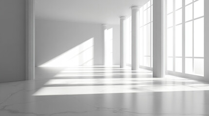 3D rendering of an empty white room with a minimalistic interior design