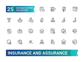 Insurance line icon set. Assurance icons for web and mobile app. Life, property, Protection of health, car, home and more.  Editable stroke. Vector illustration.