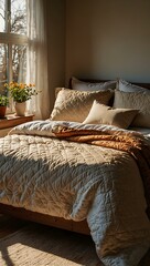 Cozy bedroom with a quilted bed and sunlight streaming in.