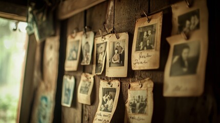 A weathered calendar hanging on a wall, each month adorned with sepia-toned photographs and handwritten notes. The image tells a story of cherished memories and the passage of time.