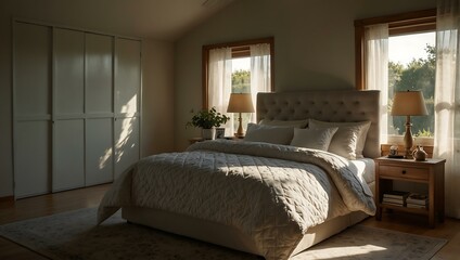 Cozy bedroom with quilted bed and sunlight streaming in.