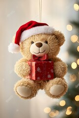  A brown  bear dons a Santa hat, holding a red box with a dangling red bow via string