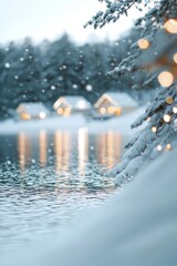 Fototapeta premium reflections of lights on water, house in foreground beside the lake