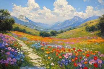 Scenic Valley with Wildflowers: An Impressionist Painting Celebrating Nature's Colorful Beauty
