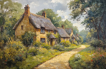 Impressionist Painting of a Quaint English Village: Perfect for Charming Decor and Travel Themes