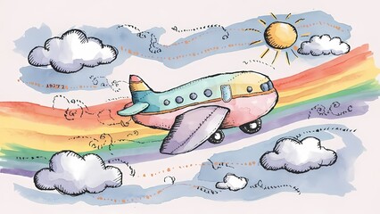 Watercolor cute airplane with a fancy sky scene, seamless pattern