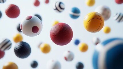 Various sports balls, spanning multiple disciplines, are depicted mid-air amidst a pristine white backdrop. 