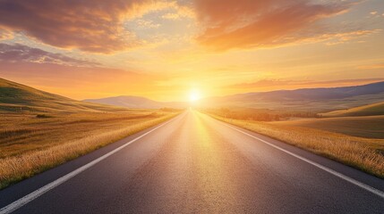 Naklejka premium An open road stretching infinitely into the sunset, surrounded by rolling hills. The scene embodies the hope and determination needed to reach the pinnacle of success.