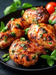 Grilled chicken thighs with herbs and spices on a black plate, surrounded by fresh basil and tomatoes, creating a delicious presentation.