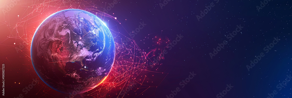 Poster a digital image of the earth with dynamic motion lines around an abstract blue background