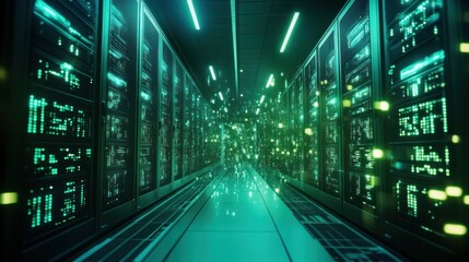 Fototapeta premium Futuristic data center with glowing servers and digital effects.