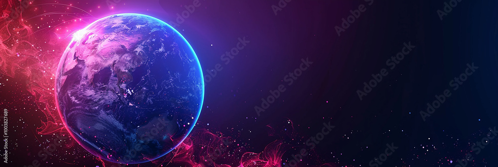 Poster a digital image of the earth with dynamic motion lines around an abstract blue background