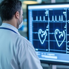 Medical professional analyzing heart rate graphs on monitor in hospital with face mask.