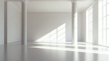 3D rendering of an empty white room with a minimalistic interior design