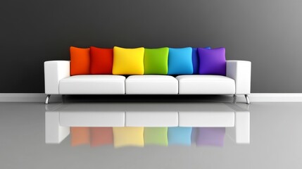 Modern Interior Design White Sofa with Colorful Rainbow Cushions and a Reflective Floor.