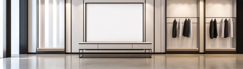 Modern interior of a stylish retail space with display area and hanging garments.